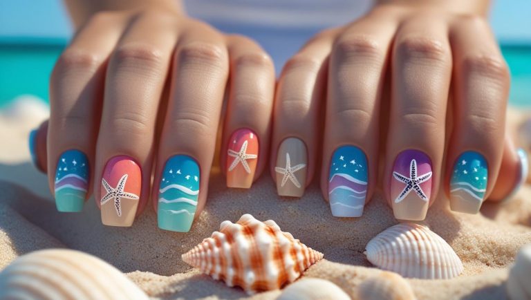 Close-up of beach-inspired nail art with ocean colors, seashell and wave designs, styled with a sandy beach and turquoise sea background—ideal for summer nail inspiration.