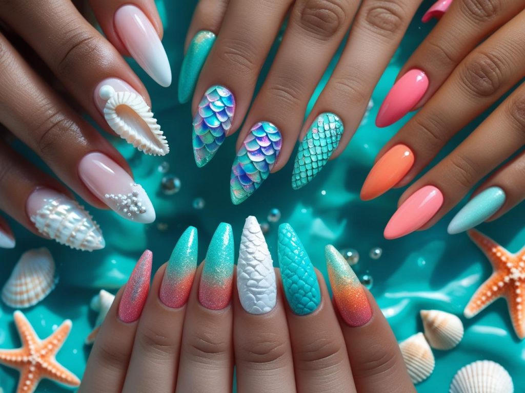 2025 beach nail designs with seashell accents, mermaid scales, wave foam, and coral sunset for Pinterest inspiration