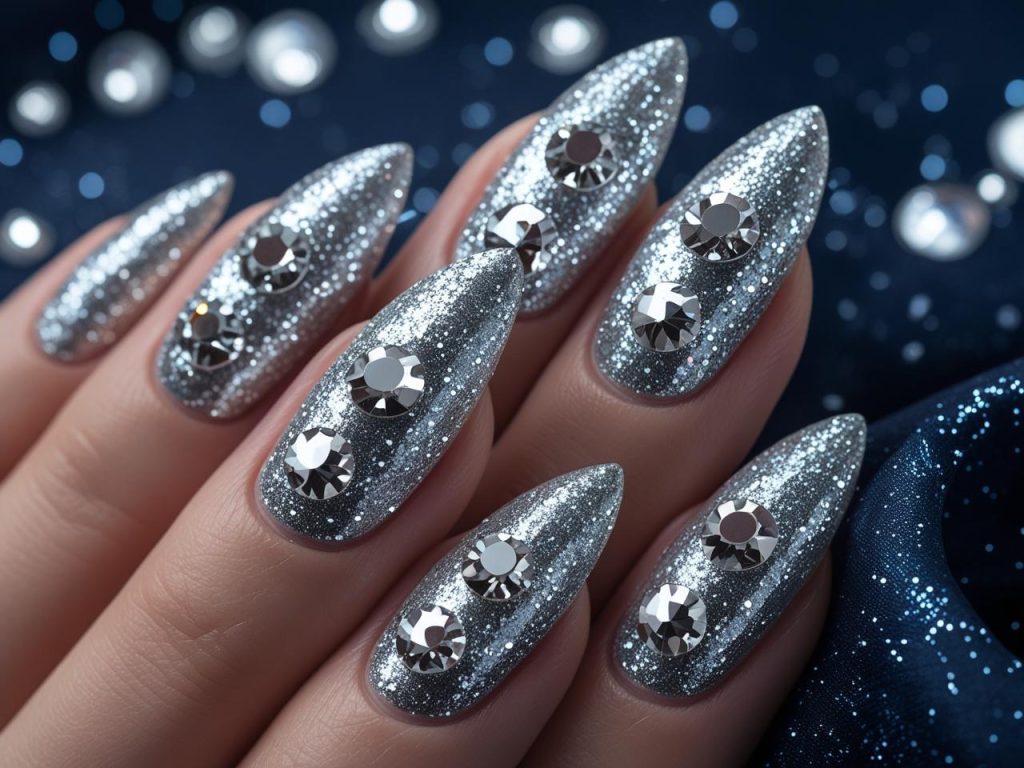 Glitter Nails 2025: Top Trends for Sparkly Nail Designs 10 Rhinestone glitter nail designs with silver and rhinestones for 2025