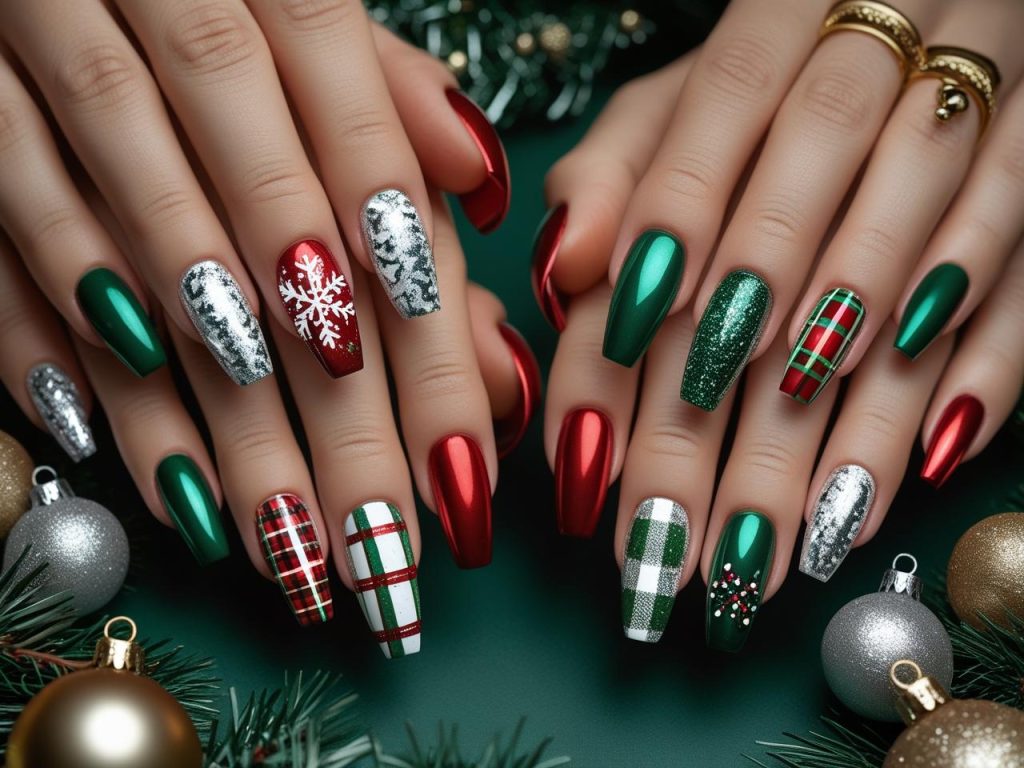 Holiday Nails 2025: Top Trends for Festive Nail Designs 2 2025 holiday nail designs with snowflake glitter, Christmas plaid, candy cane, and jewel tones for Pinterest inspiration