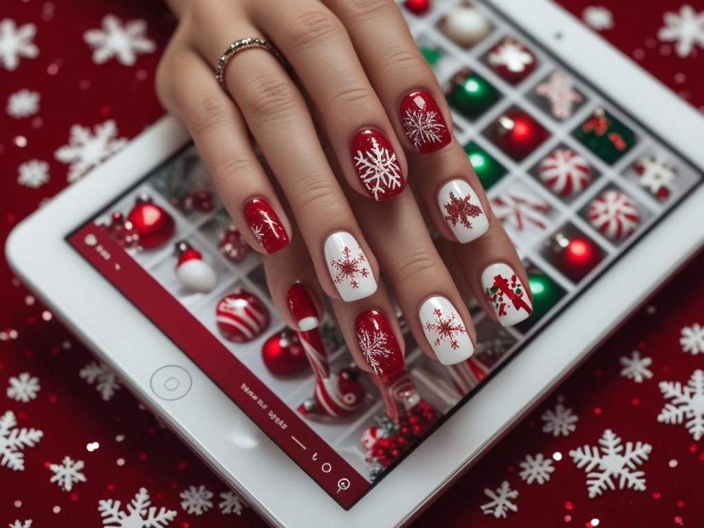 Christmas Nails 2025: c for Stunning Nail Designs 3 Sparkling snowflake Christmas nails on a Pinterest board, showcasing 2025 Christmas nail trends