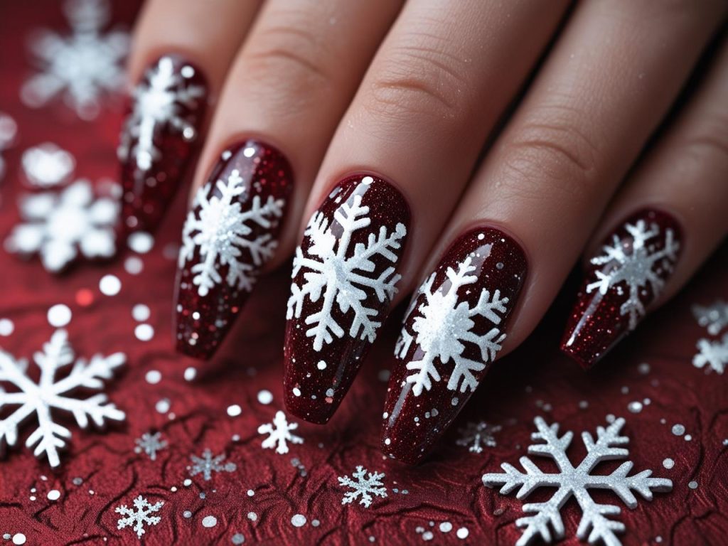 Christmas Nails 2025: c for Stunning Nail Designs 4 Sparkling snowflake Christmas nail designs with white glitter for 2025