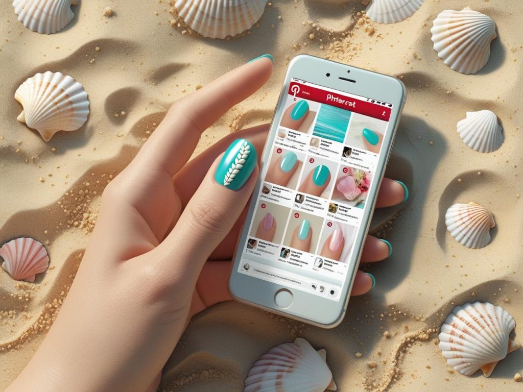 Seashell accent beach nails on a Pinterest board, showcasing 2025 beach nail trends.