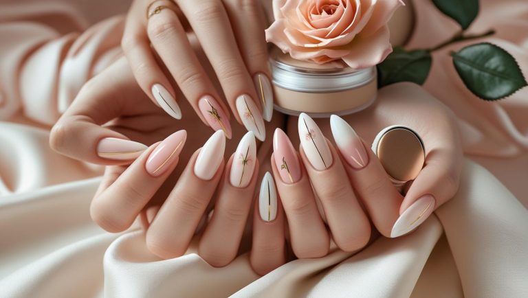 Close-up of almond-shaped nails painted in soft pastel shades with elegant French tips and gold accents, styled for a graceful and feminine look.