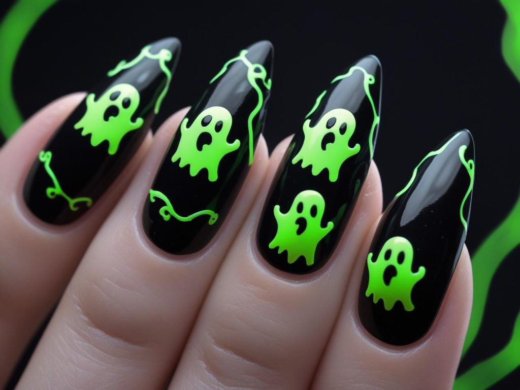 Halloween Nails 2025: Spooky Trends for Stunning Nail Designs 8 Neon ghost Halloween nail designs with glowing green accents for 2025