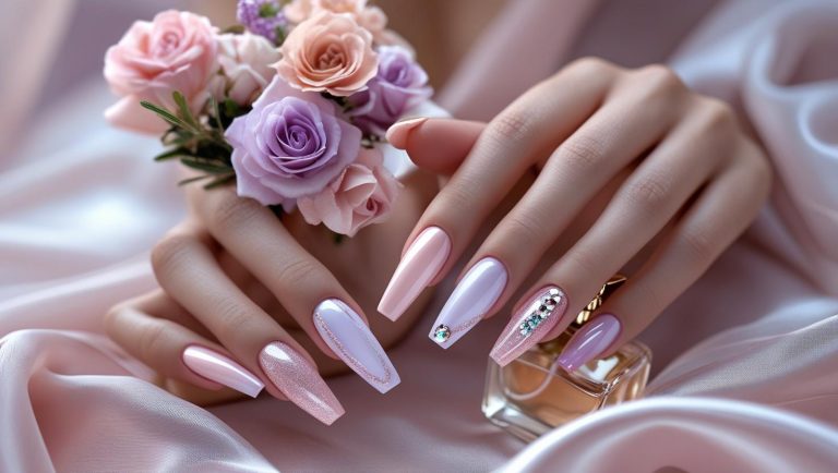 Close-up of ballerina-shaped nails in soft pastel tones with ombré and glitter designs, styled for an elegant and graceful nail look.