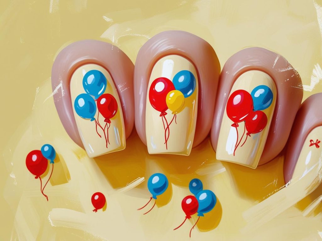 Birthday Nails 2025: Festive Trends for Stunning Nail Designs 6 Balloon motif birthday nail designs with bright colors for 2025