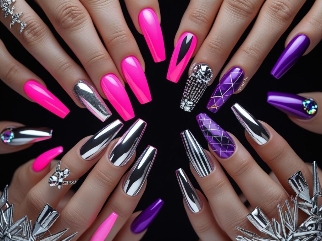 Coffin Nails 2025: Bold Trends for Stunning Manicures 2 2025 coffin nail designs with neon accents, chrome finishes, geometric patterns, and rhinestone embellishments for Pinterest inspiration