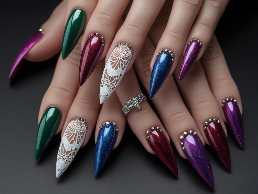 Stiletto Nails 2025: Daring Trends for Stunning Manicures 2 2025 stiletto nail designs with jewel tones, lace details, holographic finishes, and studded accents for Pinterest inspiration
