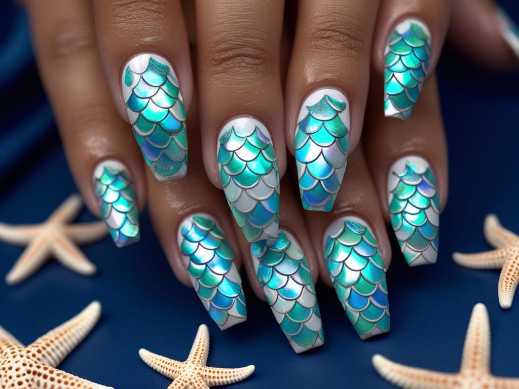 Mermaid scale beach nail designs with iridescent patterns for 2025