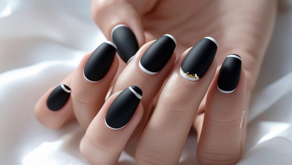Minimalist matte nail designs with black polish and white accent for 2025