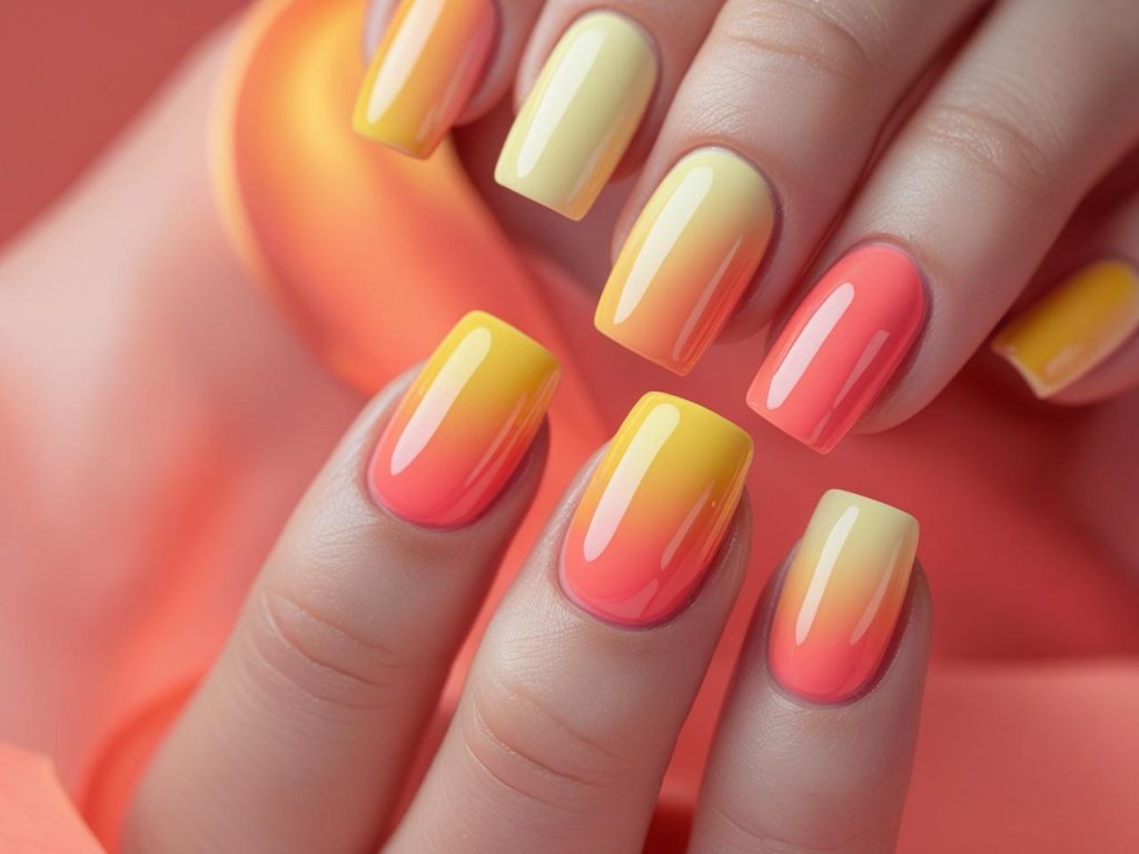 Sunset ombre vacation nail designs with yellow-to-orange gradient for 2025