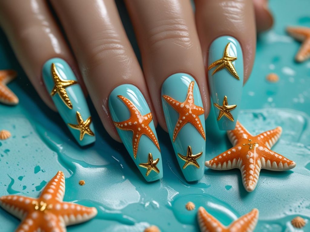 Starfish accent beach nail designs with orange and gold for 2025