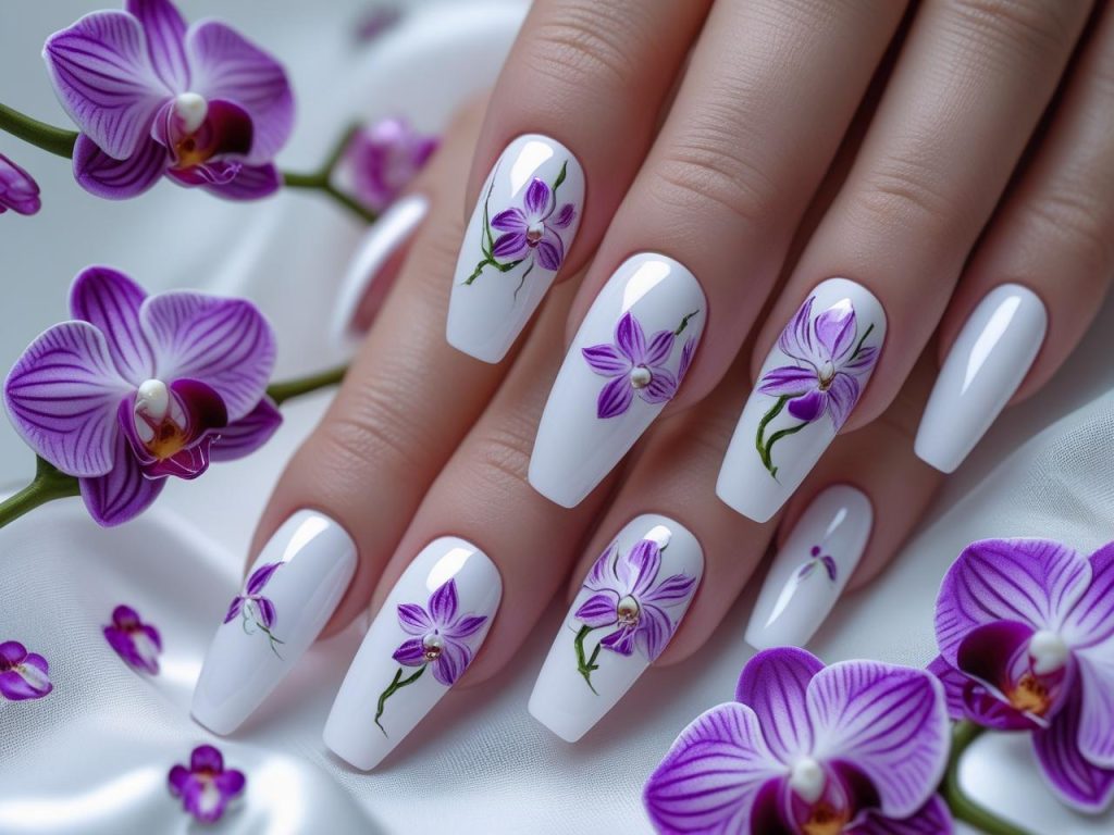 Floral Nail Art 2025: Vibrant Trends for Stunning Manicures 12 Orchid bloom floral nail art designs with purple flowers for 2025