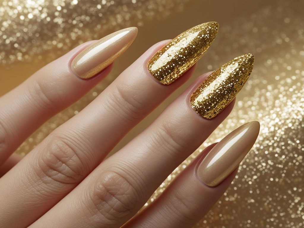 Almond Nails 2025: Chic Trends for Stunning Manicures 6 Glitter accent almond nail designs with gold sparkle for 2025