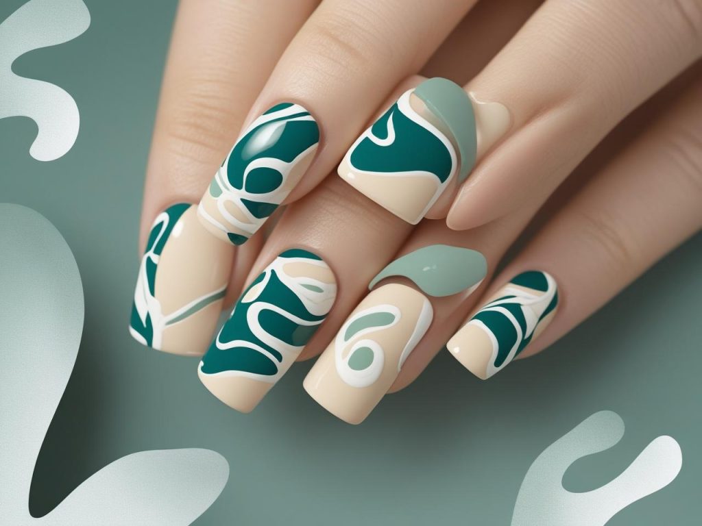 Square Nails 2025: Timeless Trends for Stunning Manicures 6 Abstract art square nail designs with teal and white patterns for 2025