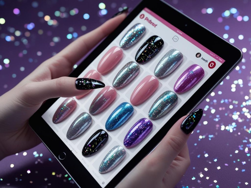Glitter Nails 2025: Top Trends for Sparkly Nail Designs 3 Holographic glitter nails on a Pinterest board, showcasing 2025 glitter nail trends
