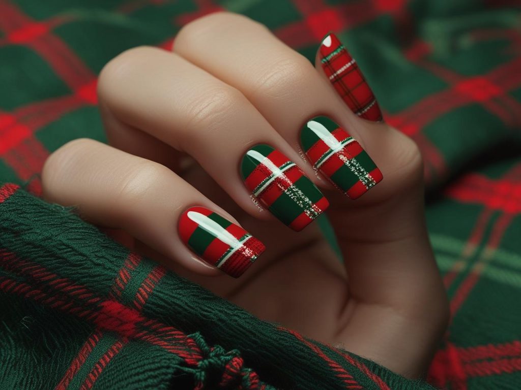 Holiday Nails 2025: Top Trends for Festive Nail Designs 6 Christmas plaid holiday nail designs with red and green patterns for 2025