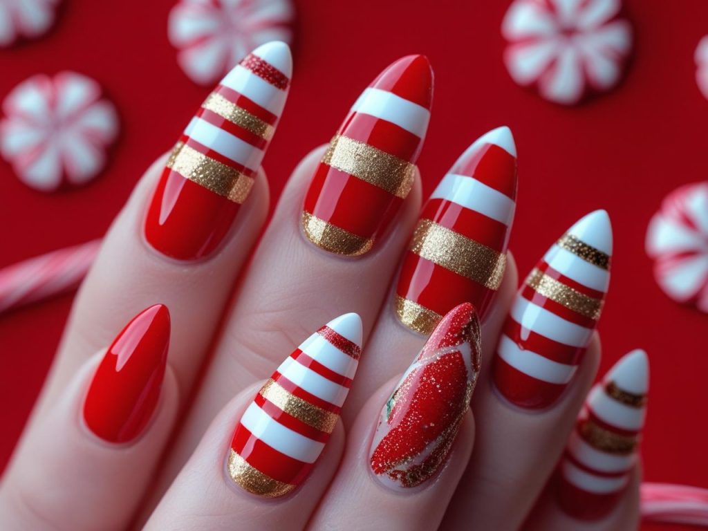 Christmas Nails 2025: c for Stunning Nail Designs 8 Candy cane stripe Christmas nail designs with red and gold for 2025