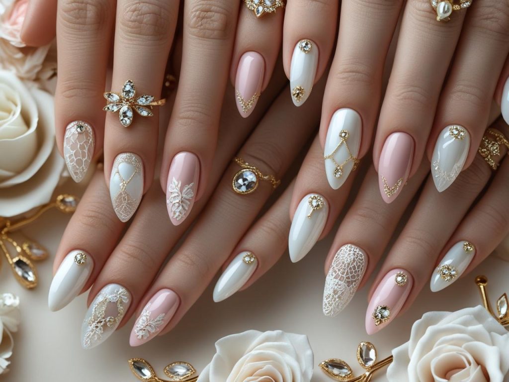 Bridal Nails 2025: Elegant Trends for Stunning Wedding Nail Designs 2 2025 bridal nail designs with pearl finishes, lace details, floral accents, and sparkle gems for Pinterest inspiration