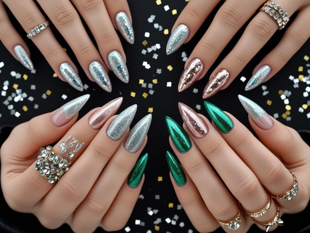 Glitter Nails 2025: Top Trends for Sparkly Nail Designs 2 2025 glitter nail designs with holographic sparkles, chunky tips, ombre fades, and rhinestone accents for Pinterest inspiration