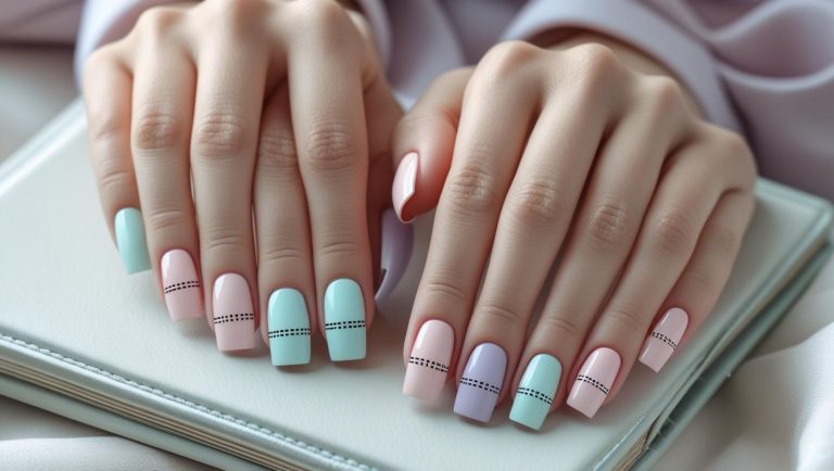 Close-up of square-shaped nails in soft, trendy colors with clean French tips and minimal designs, styled for a neat and stylish everyday look.