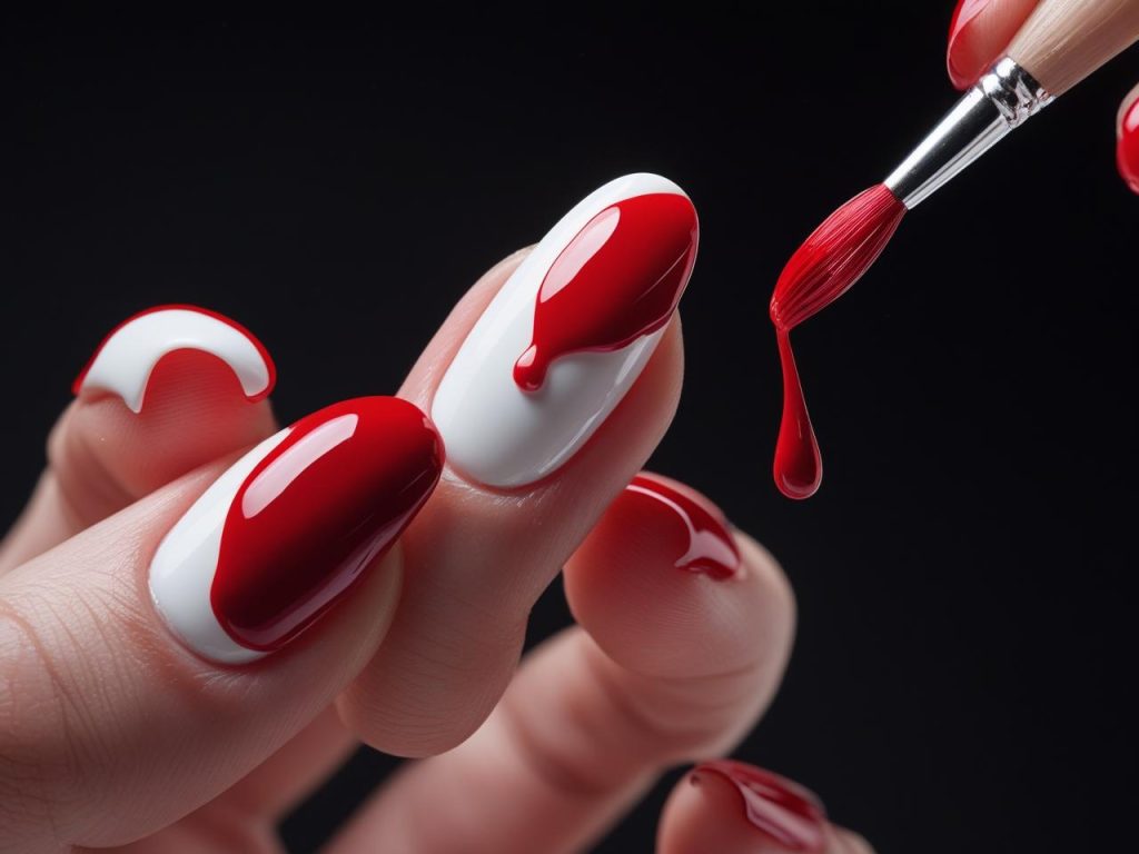 Halloween Nails 2025: Spooky Trends for Stunning Nail Designs 11 Show a hand applying blood drip nails with a fine brush, adding red drips to a white base. Use a black background with red splatter accents for a Pinterest aesthetic.