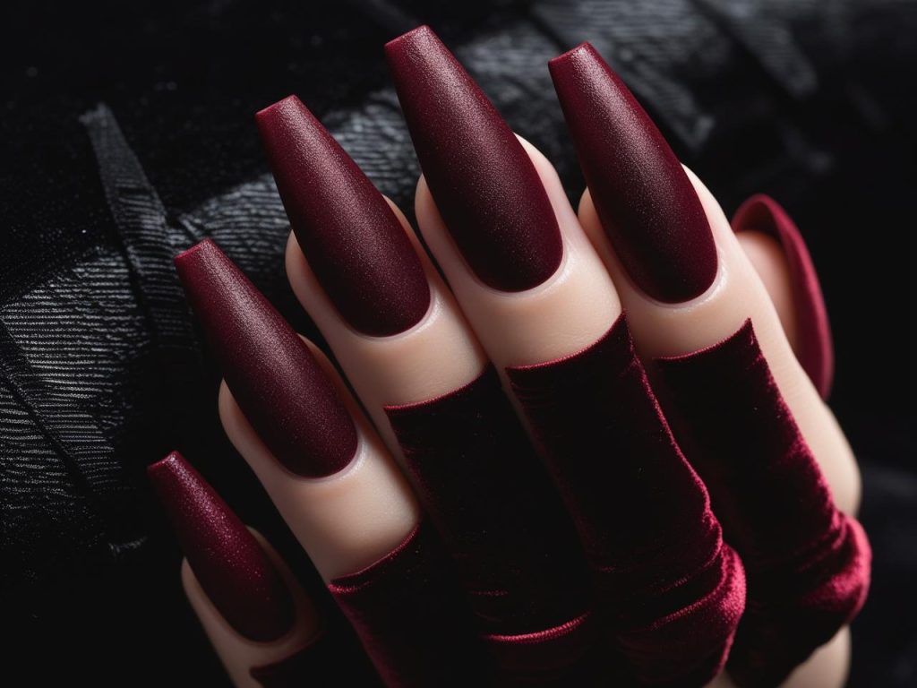Coffin Nails 2025: Bold Trends for Stunning Manicures 12 Matte velvet coffin nail designs with deep red finish for 2025
