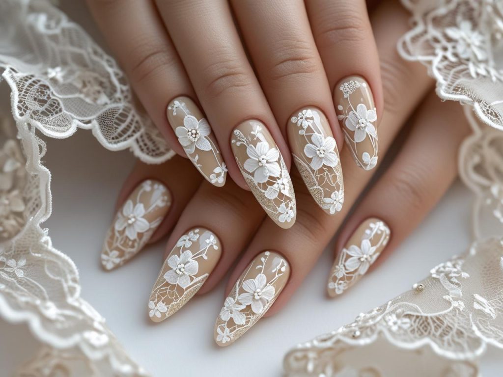 Ballerina Nails 2025: Elegant Trends for Stunning Manicures 8 Floral lace ballerina nail designs with white patterns for 2025
