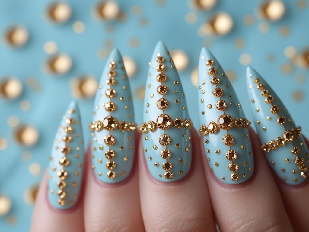 Birthday Nails 2025: Festive Trends for Stunning Nail Designs 11 Sparkle gem birthday nail designs with gold accents for 2025