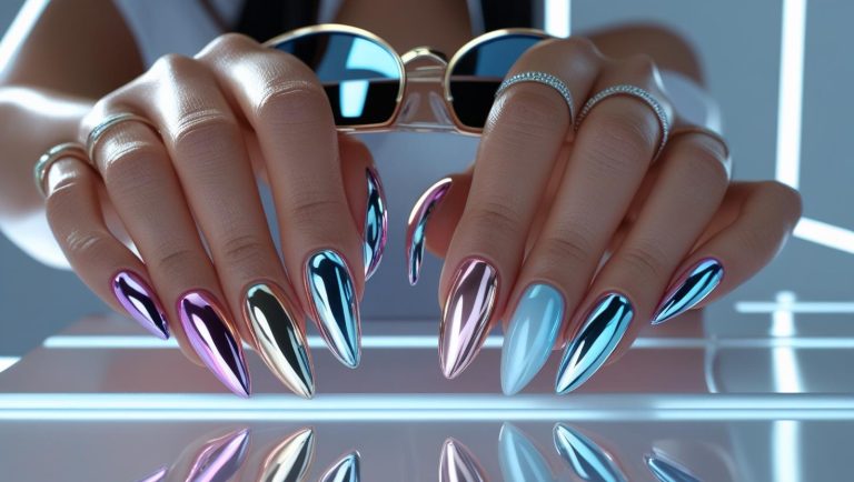 Close-up of chrome nails with a high-shine metallic finish in bold reflective colors, styled for a trendy and futuristic nail look.