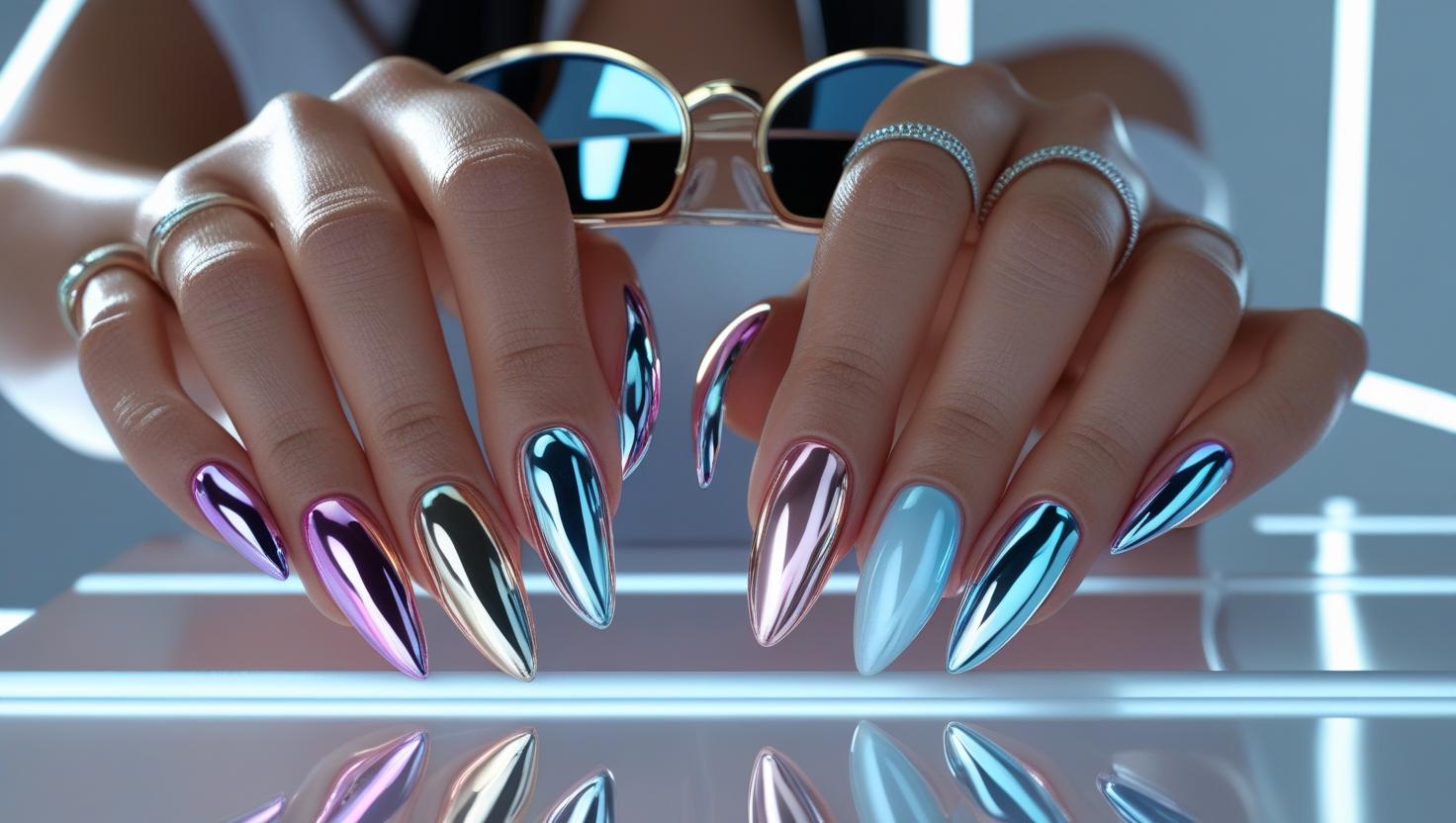 Close-up of chrome nails with a high-shine metallic finish in bold reflective colors, styled for a trendy and futuristic nail look.