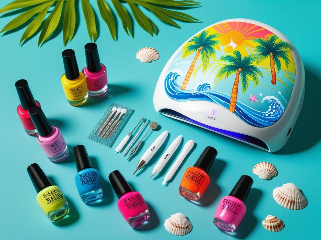 Nail art kit with vibrant polish and tools for 2025 vacation nail designs