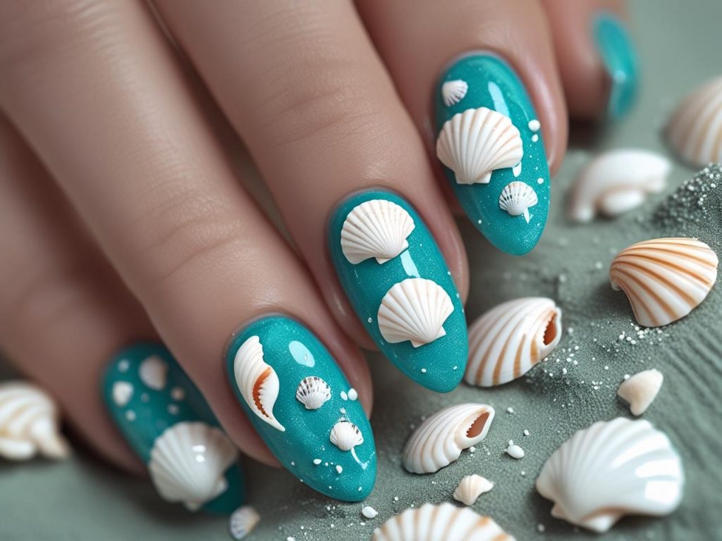 Seashell accent beach nail designs with white shells for 2025