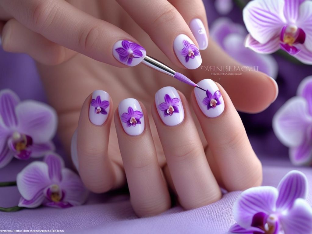 Floral Nail Art 2025: Vibrant Trends for Stunning Manicures 13 Creating Orchid bloom floral nail art designs with purple flowers for 2025