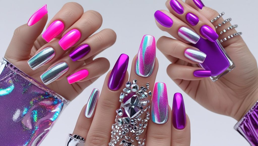 2025 glossy nail designs with neon gloss, glitter gradients, holographic finish, and rhinestone accents for Pinterest inspiration