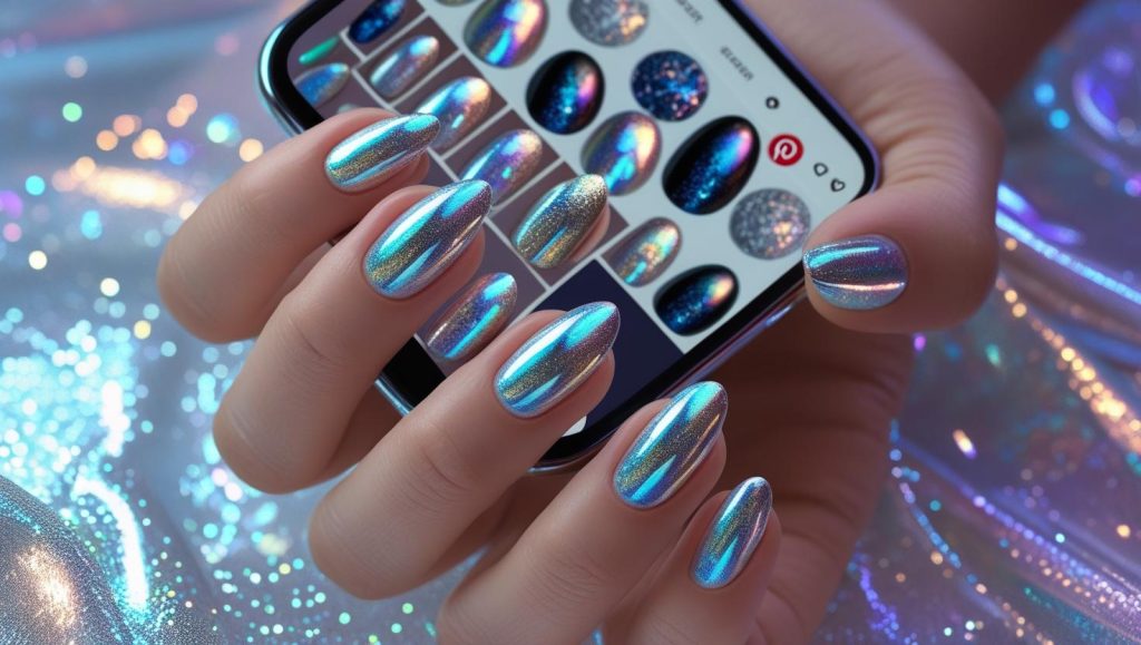 Holographic chrome round nails on a Pinterest board, showcasing 2025 chrome nail trends