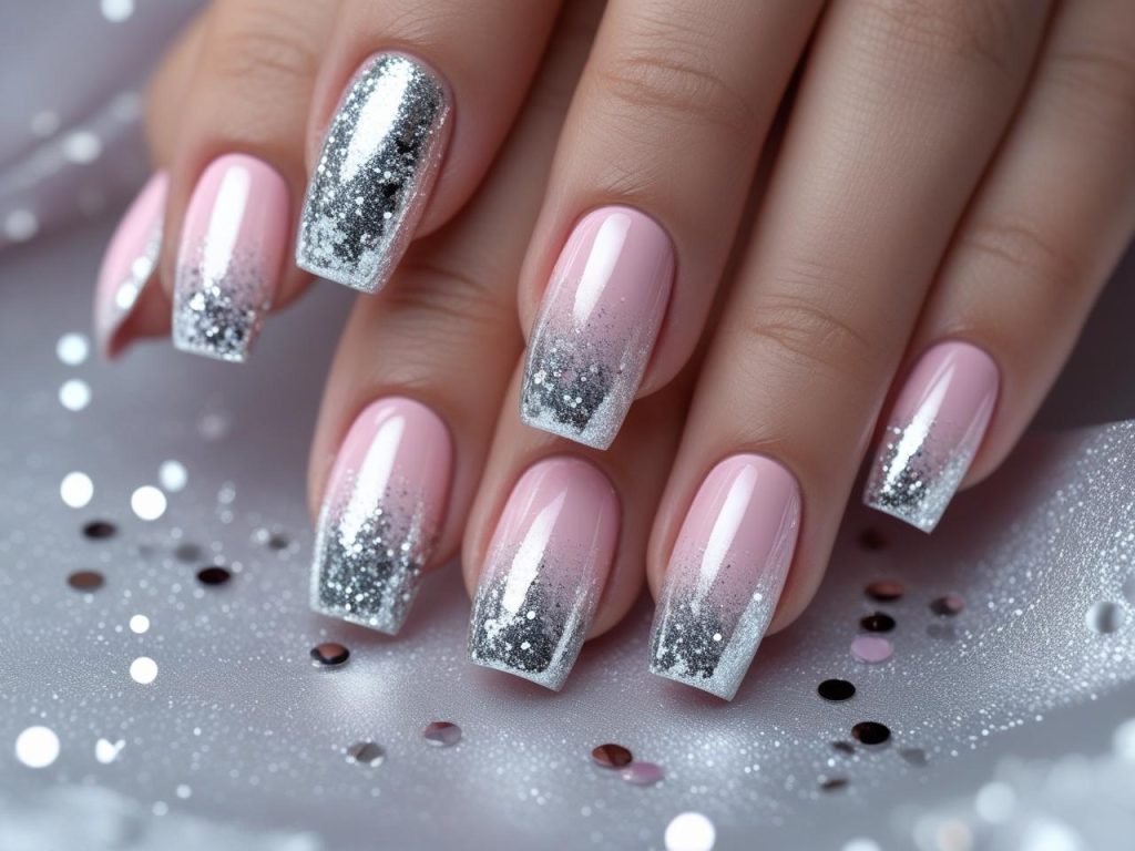 Square Nails 2025: Timeless Trends for Stunning Manicures 7 Glitter fade square nail designs with silver gradient for 2025