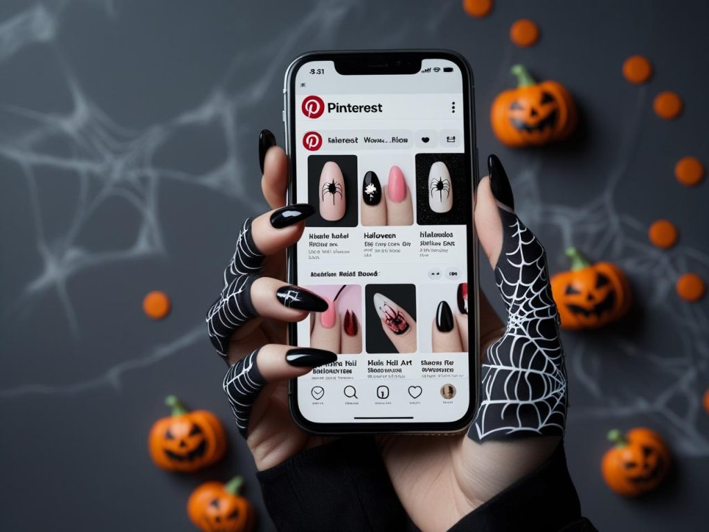 Halloween Nails 2025: Spooky Trends for Stunning Nail Designs 3 Spider web Halloween nails on a Pinterest board, showcasing 2025 Halloween nail trends