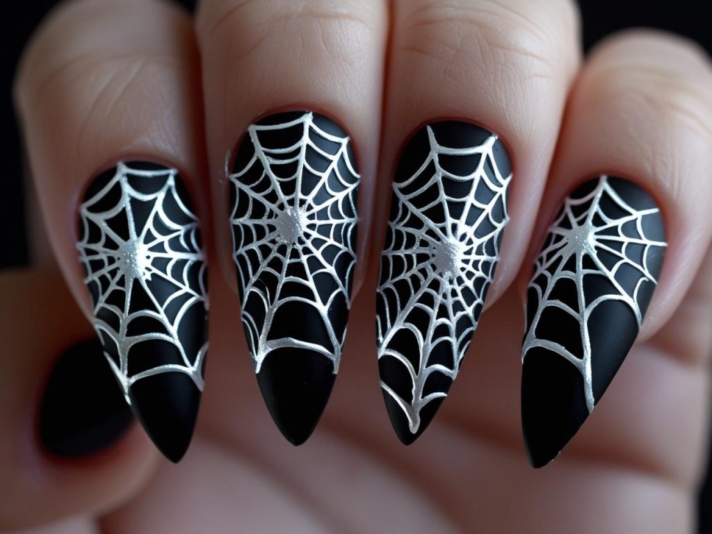 Halloween Nails 2025: Spooky Trends for Stunning Nail Designs 4 Spider web Halloween nail designs with white webs for 2025