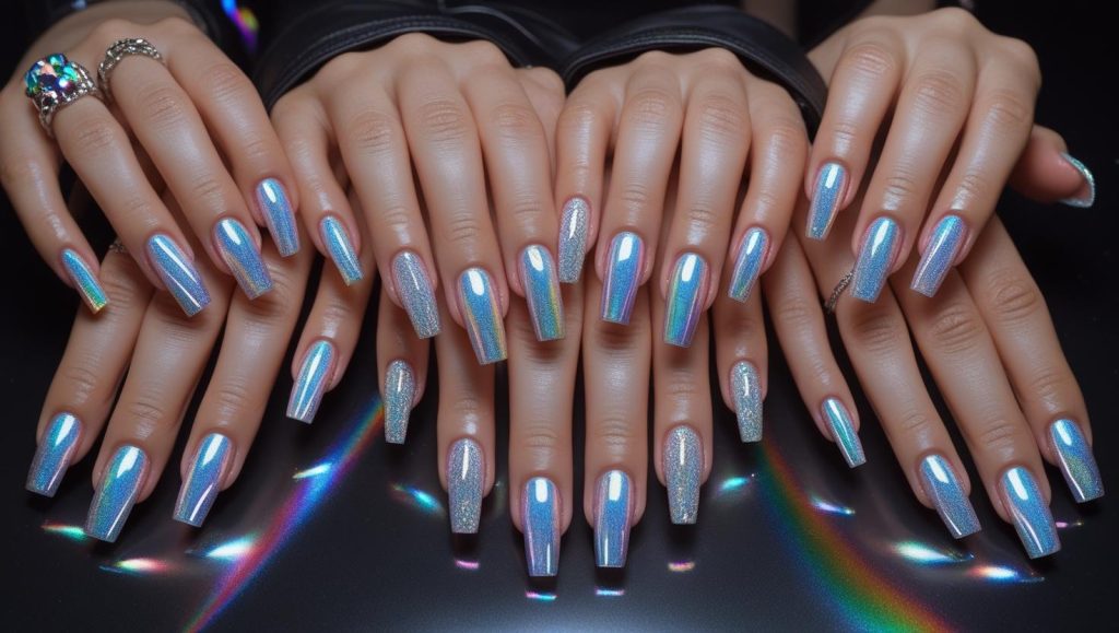 Holographic Nails 2025: Prismatic Trends for Stunning Manicures 2 2025 holographic nail designs with full holographic shine, accent nails, French tips, and glitter effects for Pinterest inspiration