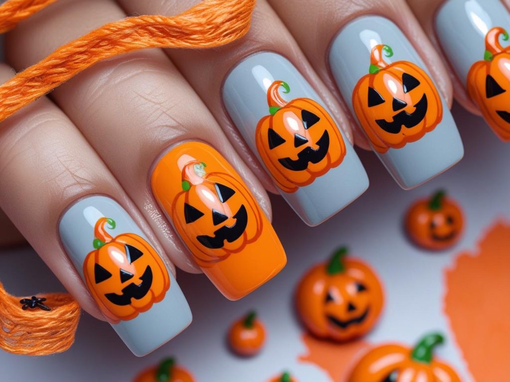 Halloween Nails 2025: Spooky Trends for Stunning Nail Designs 7 Pumpkin motif Halloween nail designs with orange and black accents for 2025
