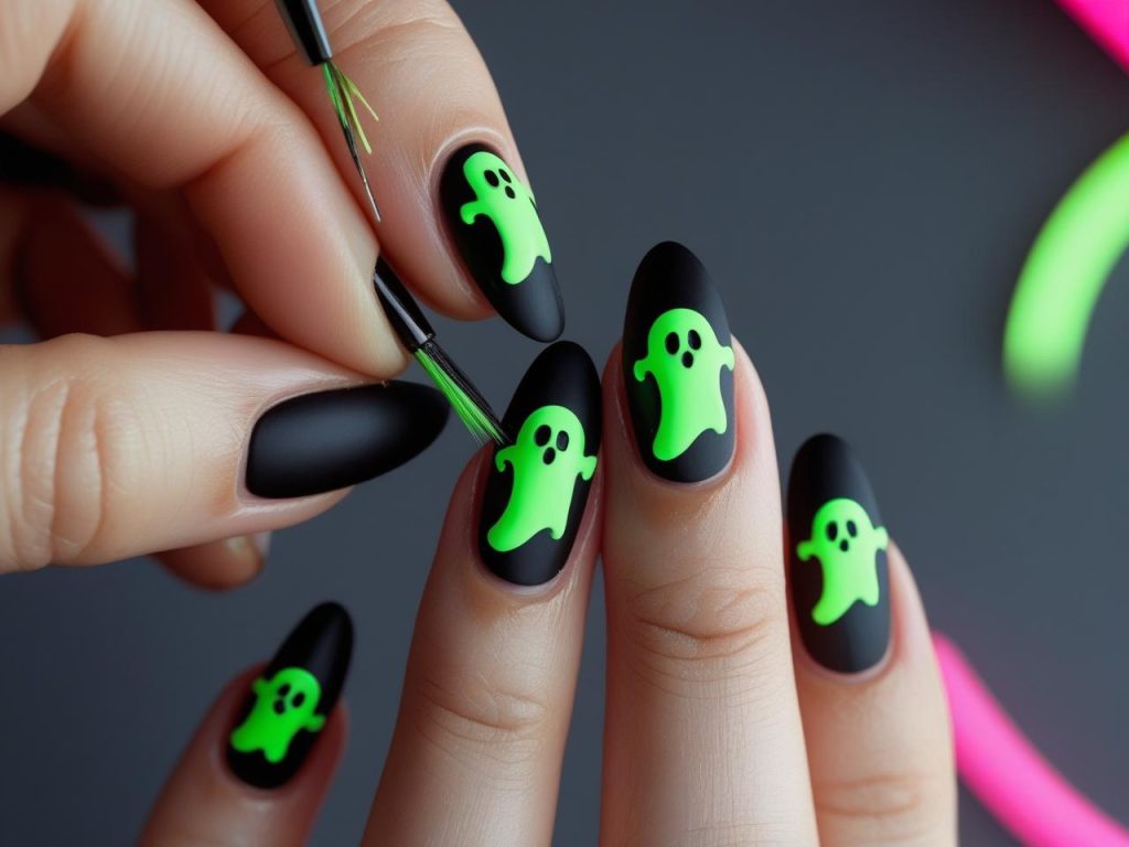 Halloween Nails 2025: Spooky Trends for Stunning Nail Designs 9 Creating neon ghost Halloween nail designs for 2025 inspiration