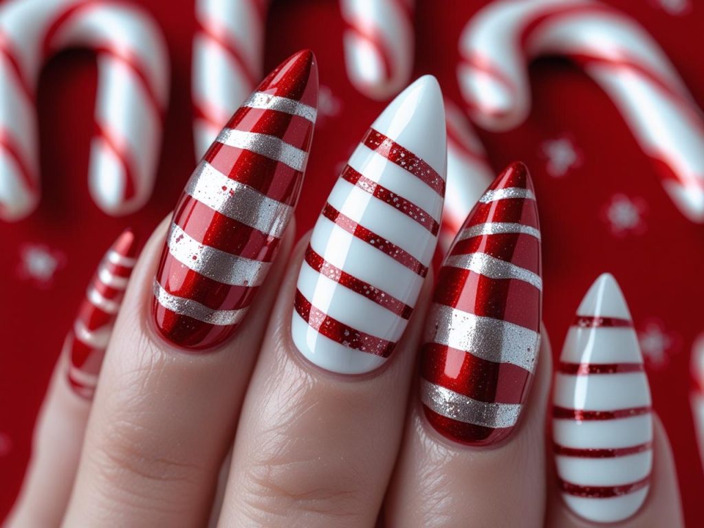 Holiday Nails 2025: Top Trends for Festive Nail Designs 8 Metallic candy cane holiday nail designs with red and silver for 2025