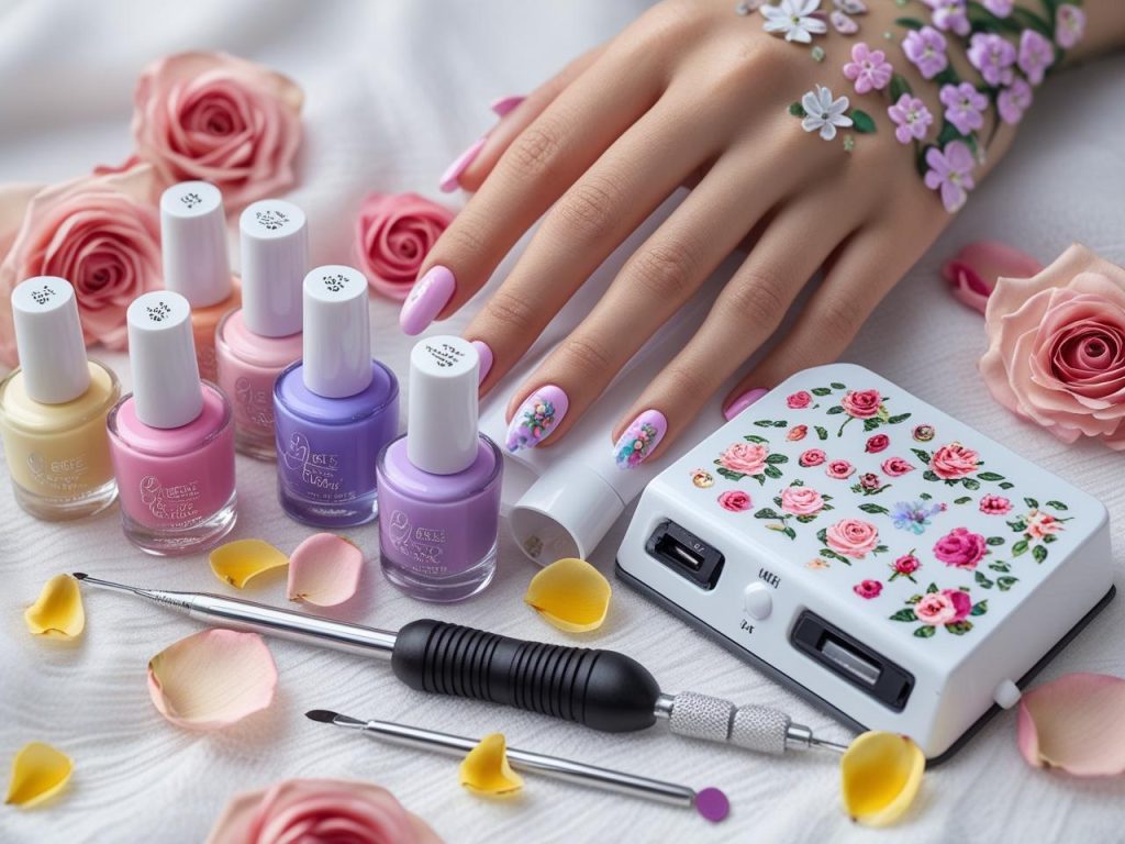 Floral Nail Art 2025: Vibrant Trends for Stunning Manicures 16 Nail art kit with floral polish and tools for 2025 floral nail art designs.