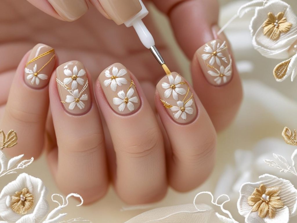 Wedding Nails 2025: Elegant Trends for Stunning Bridal Manicures 13 Floral embroidered wedding nail designs with white and gold accents for 2025