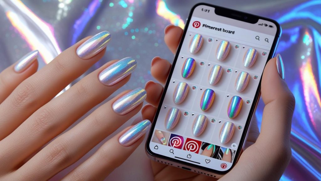 Holographic Nails 2025: Prismatic Trends for Stunning Manicures 3 Full holographic round nails on a Pinterest board, showcasing 2025 holographic nail trends