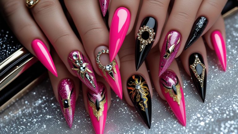 Close-up of long stiletto nails in bold colors with rhinestones, glitter, and artistic designs, styled for a dramatic and glamorous nail look.