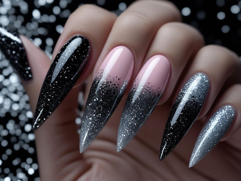 Stiletto Nails 2025: Daring Trends for Stunning Manicures 9 Ombre glitter stiletto nail designs with black-to-silver gradient for 2025