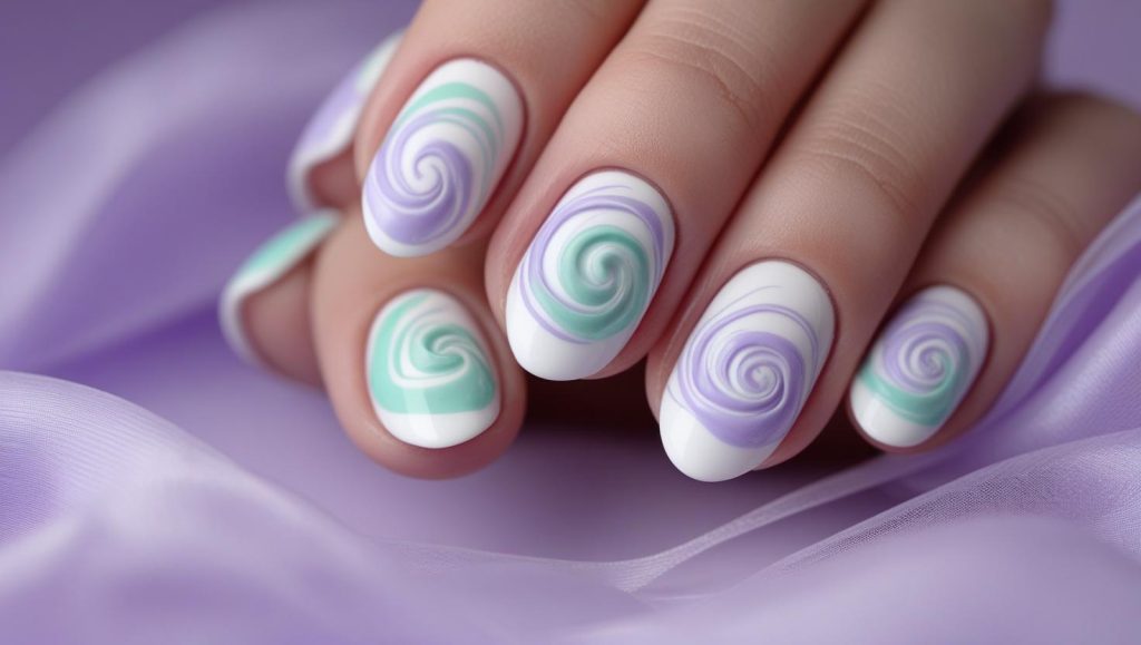 Round Nails 2025: Chic Trends for Stunning Manicures 9 Pastel swirl round nail designs with lavender and mint patterns for 2025